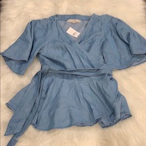 NWT THE LOFT Denim Wrap Tie V Neck Blouse